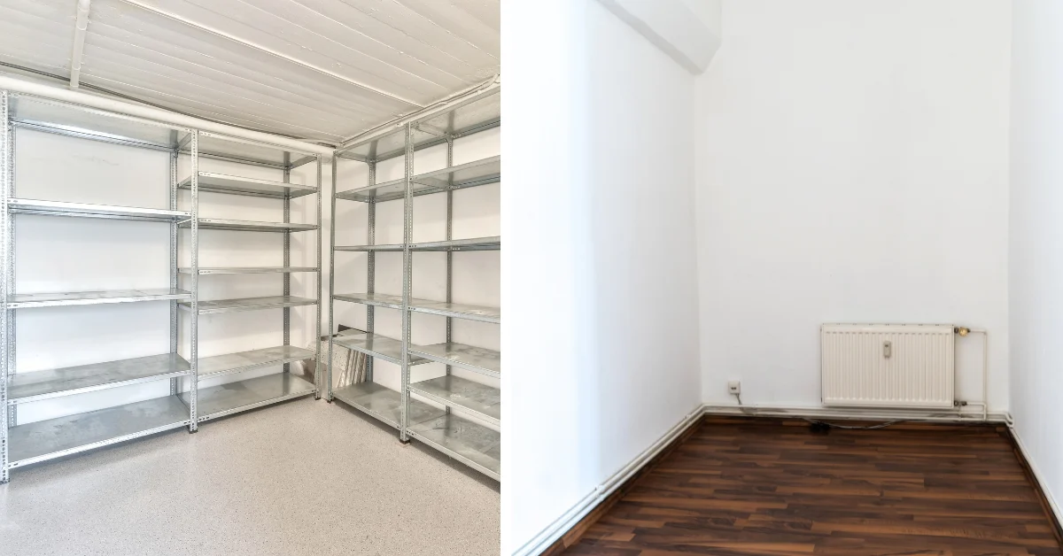 A clean, well-lit storage room with metal shelving units arranged neatly along the walls. The room has light-colored flooring and a white ceiling, offering ample space for storage