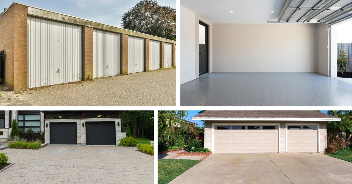 A collage of four different garages, including a row of brick garages with metal doors, a modern garage with a clean interior, and two residential garages with black and beige doors.